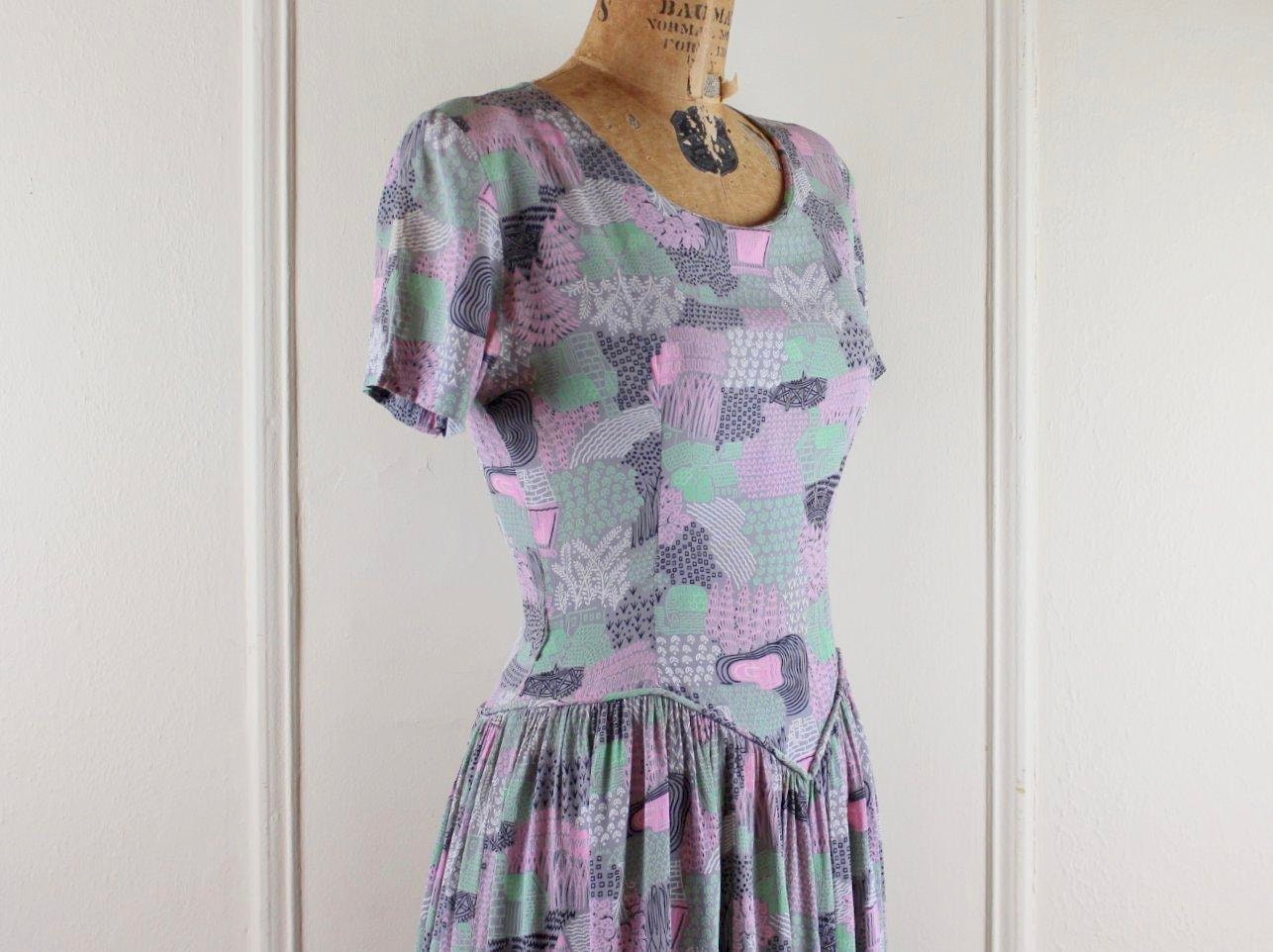 Vintage 1940S Floral Landscape Party Dress - Seafood Green + Taupe Pink Brown White Size Small To Medium