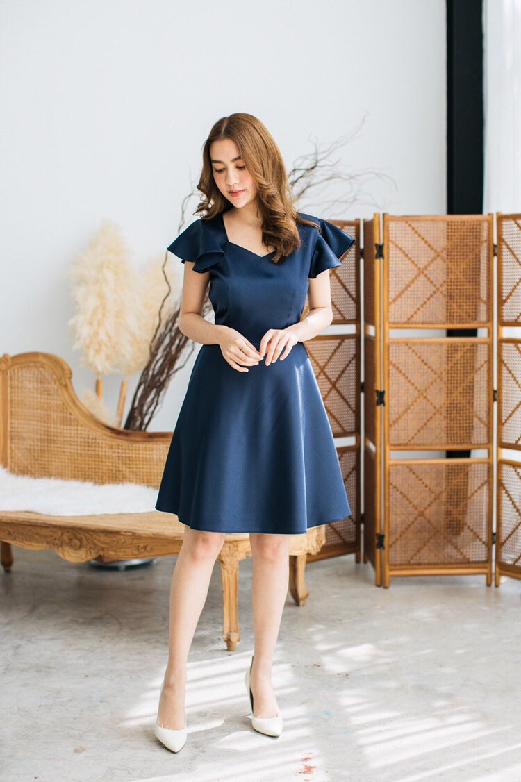 Navy Bridesmaid Dress Party Prom Graduation Ruffle Sweetheart Vintage Style Sundress