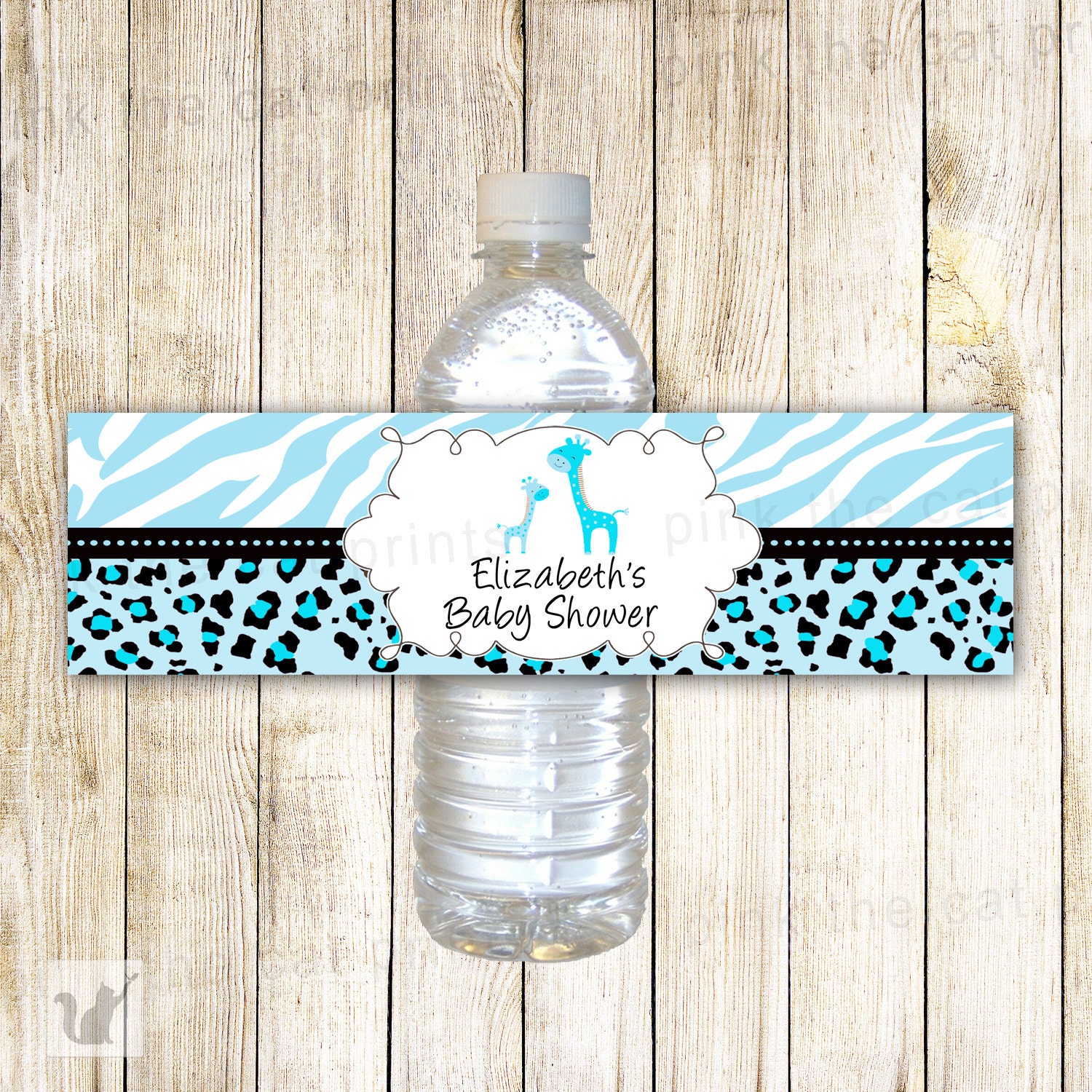 Giraffe Bottle Label - Blue Turquoise Baby Boy Shower Party Favor Wrapper Printable Personalized