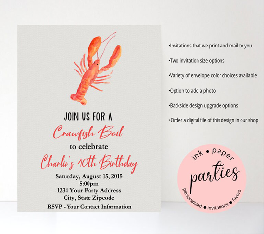 Crawfish Boil Seafood Feast Shower Or Birthday Annual Party Invitations ~ We Print & Mail To You