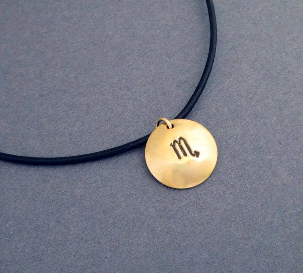 On Sale Scorpio Zodiac Necklace Gold Tone Brass Pendant Black Leather Cord October November Birthday Gift