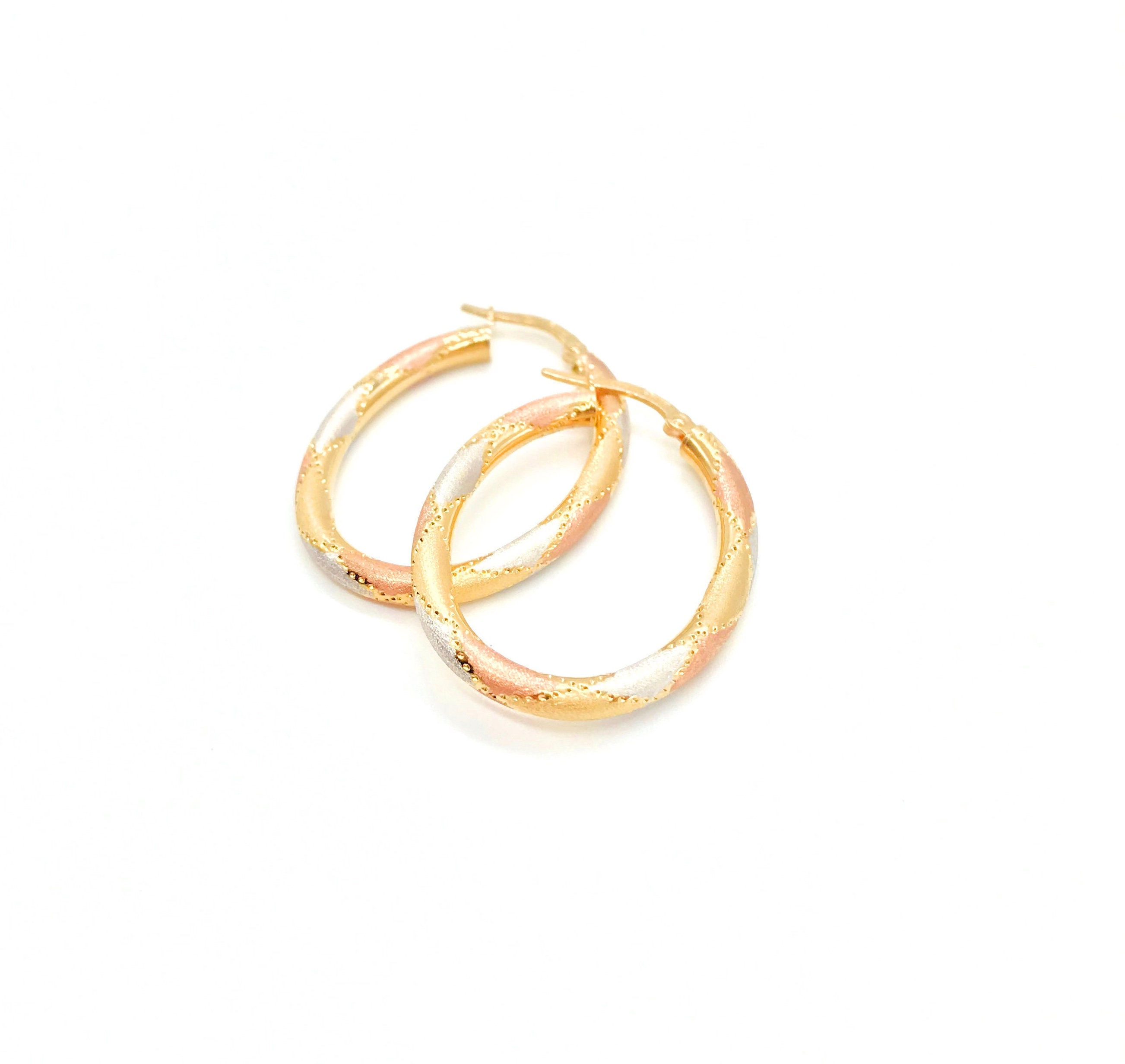 18K Tri-Color Gold Dainty Oval Earrings Yellow White & Rose Light Weight Comfortable To Wear Italian Design