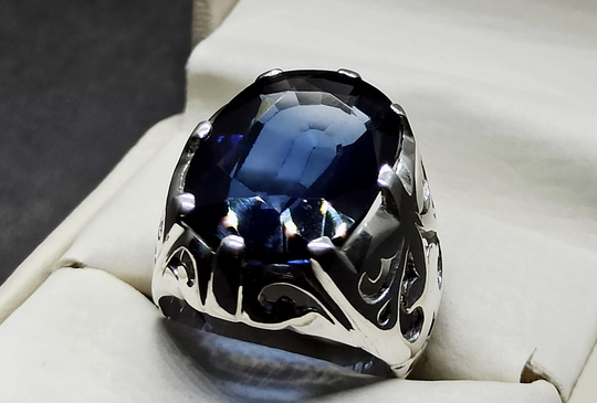 Oval Cut 26 Carat Dark Deep Blue Big Topaz Mens Elegant Ring Sterling Silver 925 Handmade