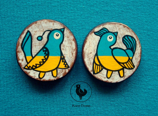 Hand Painted Bird Brooch. Ukraine Flag Pin. Decoration For Stroller & Baby Cradle. Ukrainian Art