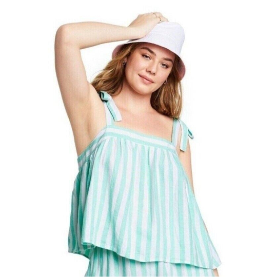 Stoney Clover linen blend tie straps peplum tank green stripe blouse women's size Medium R2
