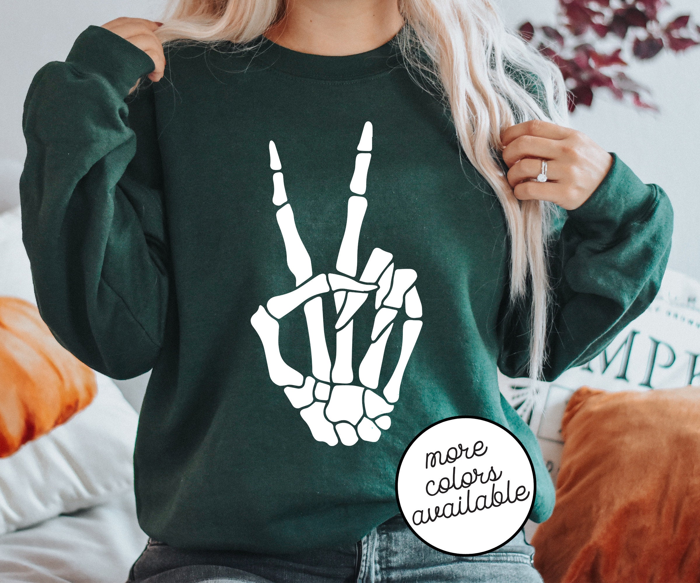 Halloween Sweater - Unisex Oversized Peace Sign Skeleton Sweatshirt