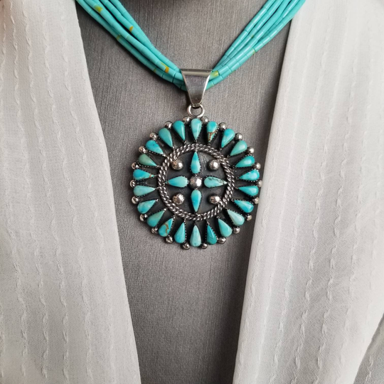 Cluster Handmade Genuine Turquoise Pendant/ Large Rounded 925 Sterling Silver/ Heishi Necklace