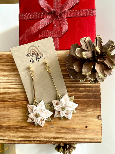 White & Gold Poinsettia Dangles/Christmas Earrings Season Jewelry Handmade Polymer Clay Dangle Drop Chic Finds