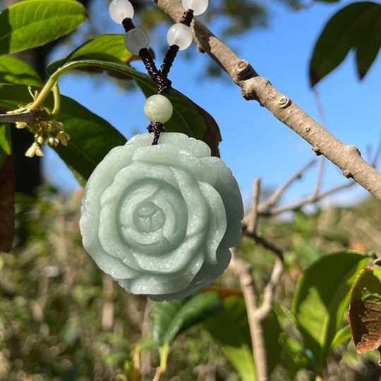 Real Jade Flower Rose Necklace, Light Green Plant Floral Pendant Charm, Cute Lucky Stone Type A Jadeite Carving Jewelry Gift, Women Girl