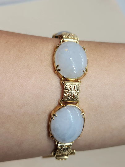 Ming's 14K Solid Gold Jade Cabochon Link Bracelet/Gift For Her