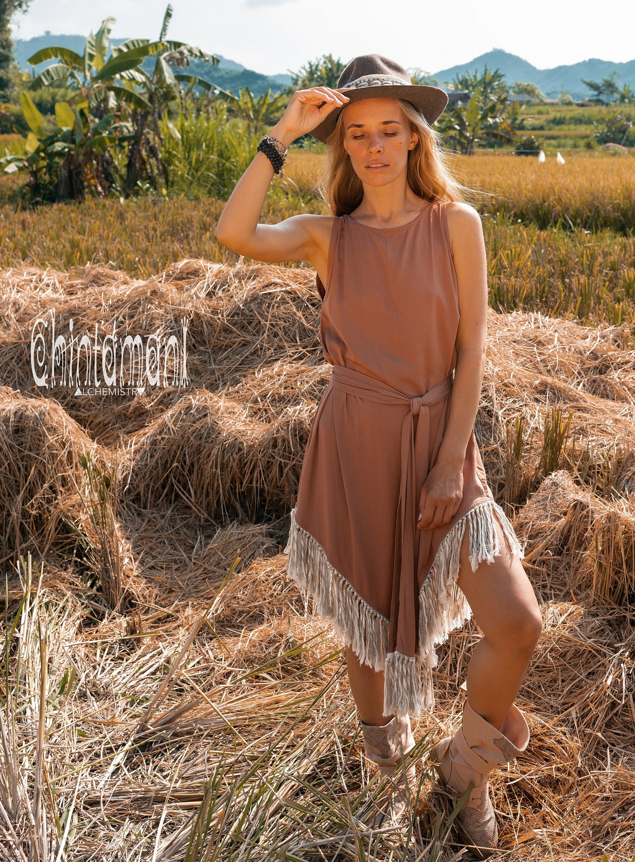 Fringe Boho Dress Festival Clothing Women Bohemian Dresses Hippie Summer Midi Asymmetric Prairie Backless Dress/ Dusty Pink