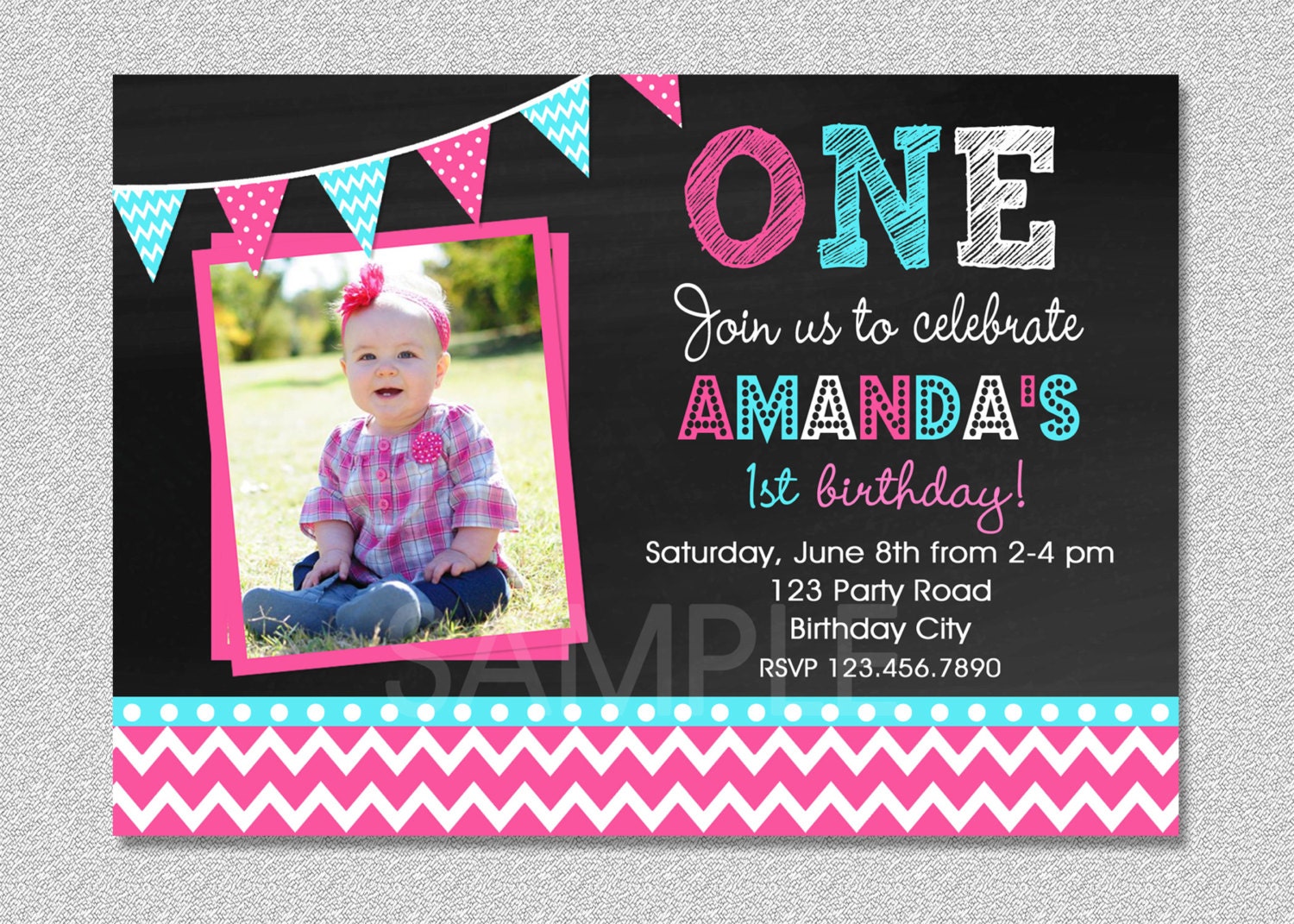 Girls 1st Birthday Invitation , Chevron Party Invitation, Pink & Turquoise