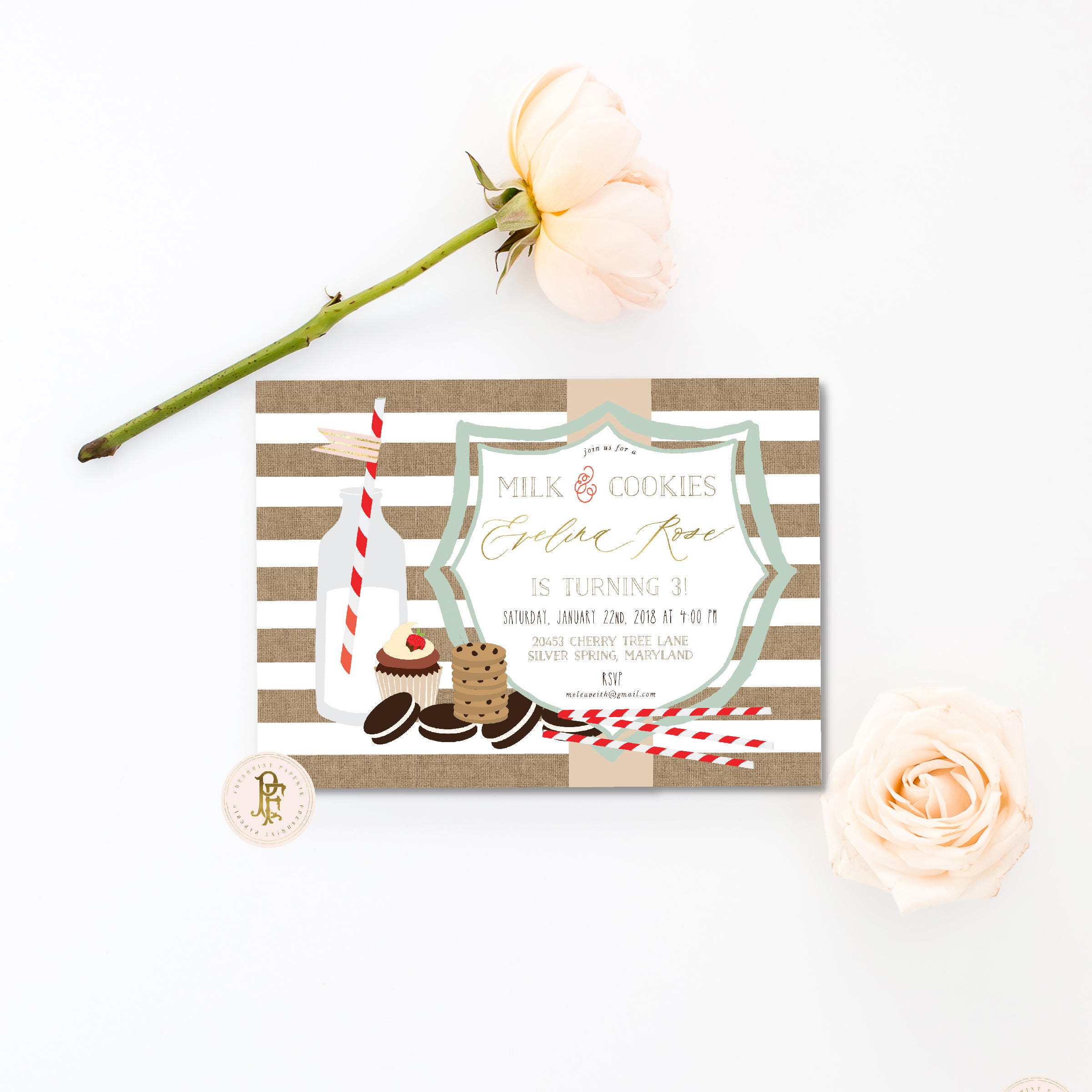 Milk & Cookies Invitation - Burlap Sleepover Cookie Pajama Party Freshmint Paperie