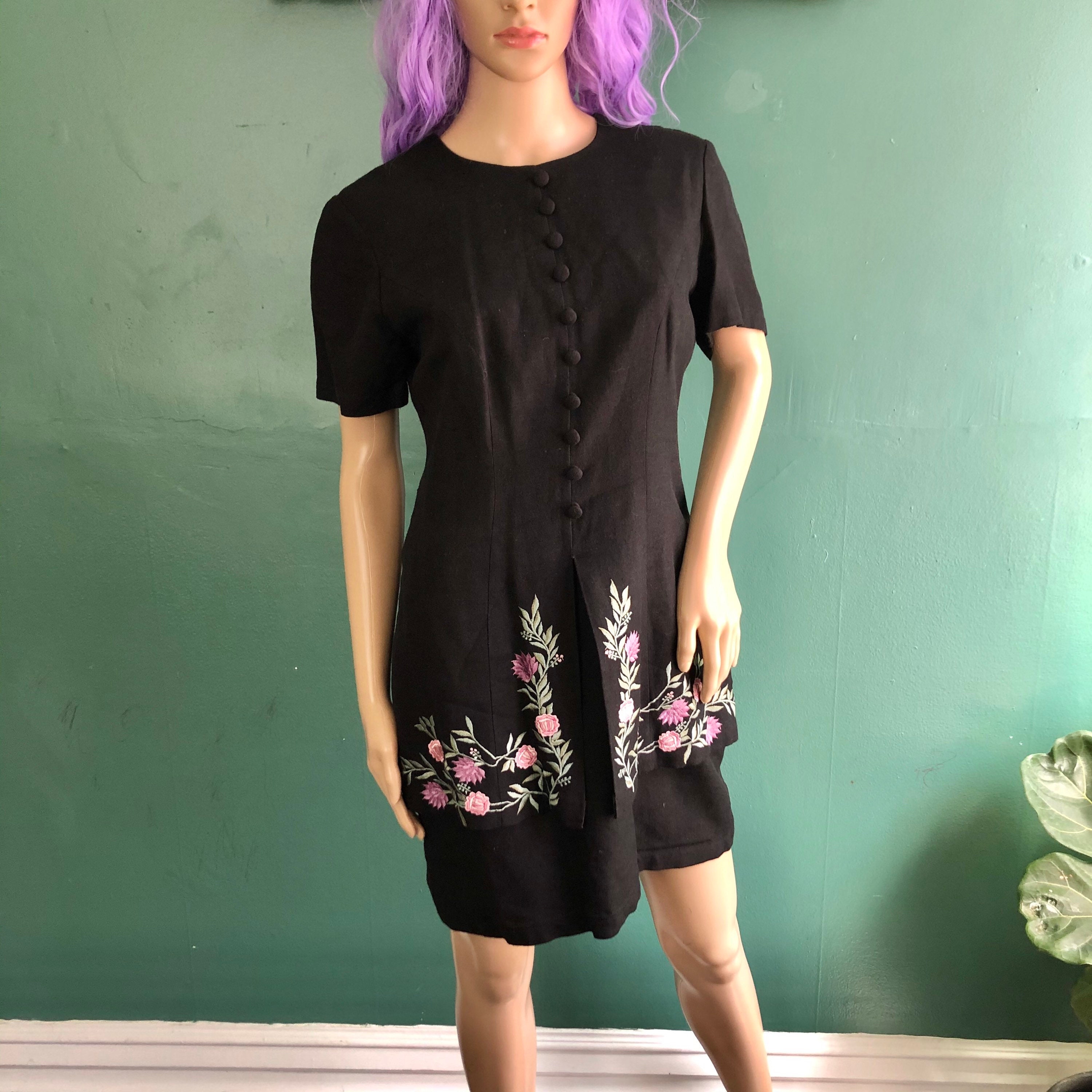 Vintage 90S Linen Blend Embroidered Rose Dress