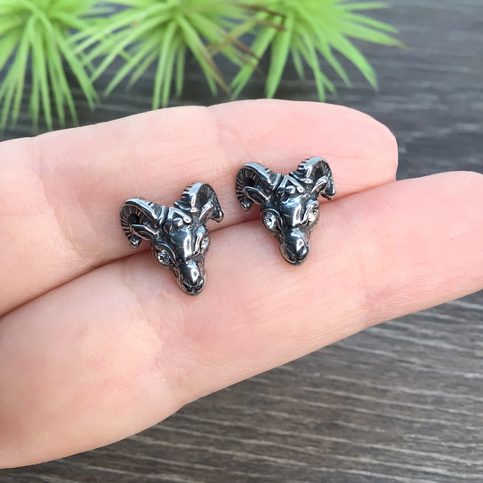 Ram Earrings, Studs, Gothic Gothic Stainless Steel Jewelry, Small Mens Studs
