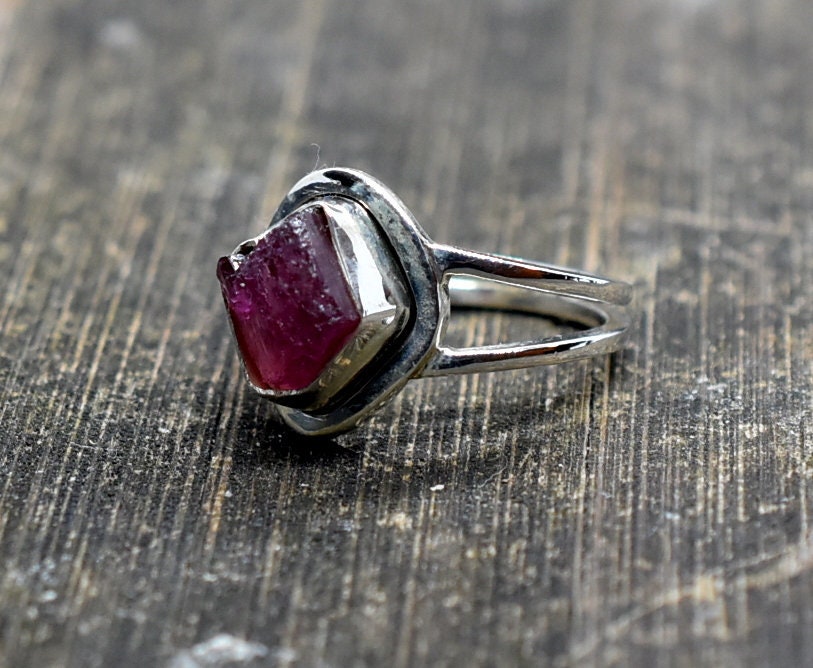 Pink Tourmaline 7 Us Ring, Sterling Silver, Handmade Raw Stone Birthstone T16 Women Gift Ring