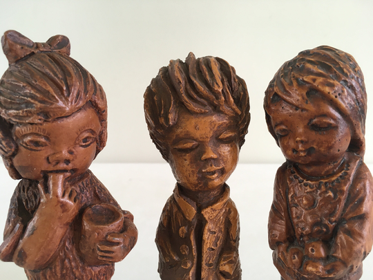 Cute Retro Faux Wood Resin Girls & Boy, Sculptures, Figurines, Mid Century Modern Figurines From The 1960S