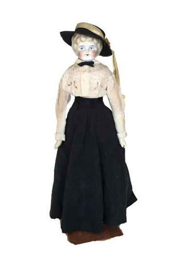 Antique Edwardian Blonde Low Brow China Head Doll, 22 Inches Tall, Marked 6 On The Back, Early 1900S Vintage Doll in 1910S Clothing