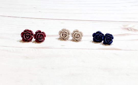 Gorgeous Matte Burgandy Navy Gray Flowers Handmade Stud Earrings Rose