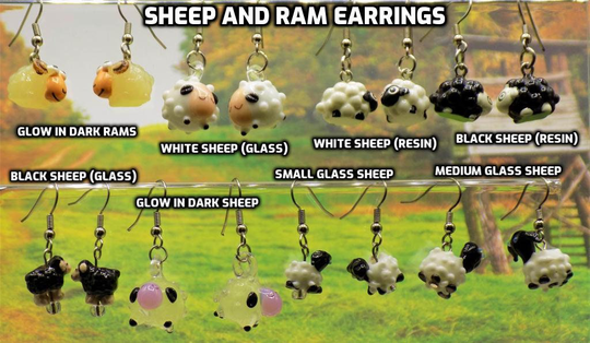 Sheep & Ram Earrings - White Glass Resin Black | 2 Glow in Dark Glass Or