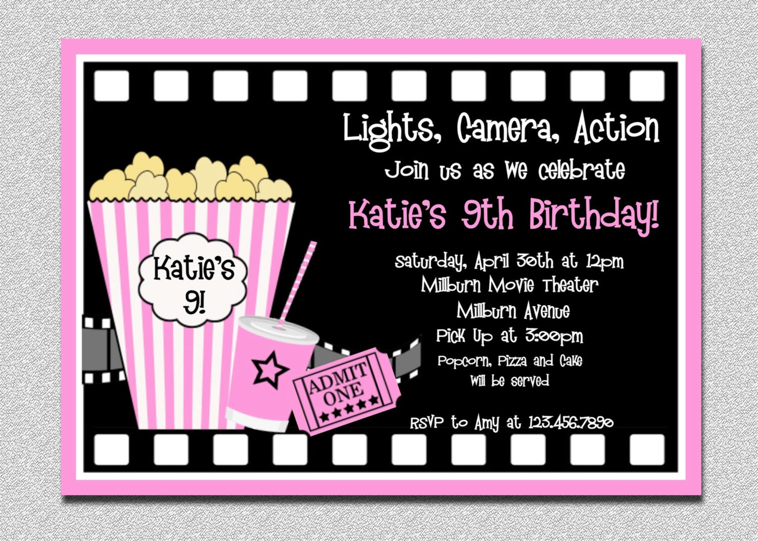 Movie Birthday Invitations, Pink Night Party Invitation, Girls Invitation