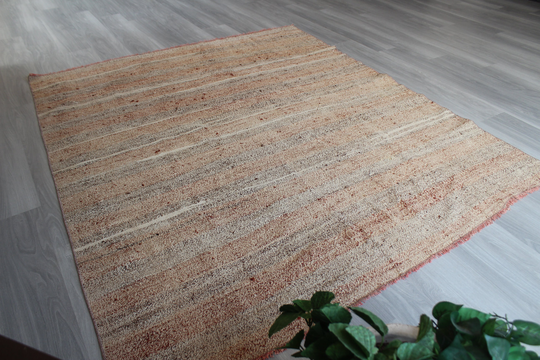 Coral-Beige Striped Kilim Rug, Ethnic Kilim, Vintage Bohemian Rug ,/N-604 6'1"x7'4" Feet