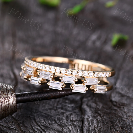 Moissanite Wedding Band, Vintage Solid Gold Engagement Baguette Cut Bridal Matching Band, Anniversary Gift, 14K Gold