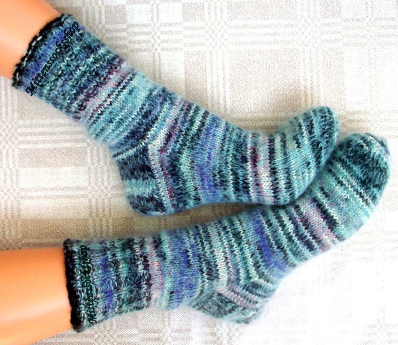 Blue Black White Hand Knitted Socks Mohair Warm Sleeping From Sock Yarn With Kid Winter Women's Girl's