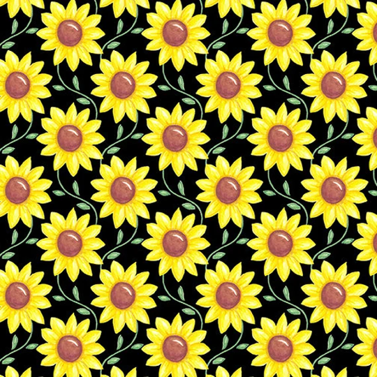 Floral Fabric, Sunflower Farm Country Rise N Shine, Scrolling Sunflowers Black, By Benartex, 09906-12