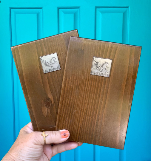 Free Shipping-Vintage Pegasus Wood Bookends-Pegasus Pewter Medallion-Magical-Mystical-Office Decor-Library Decor-Mcm-Book Decor-Bohemian