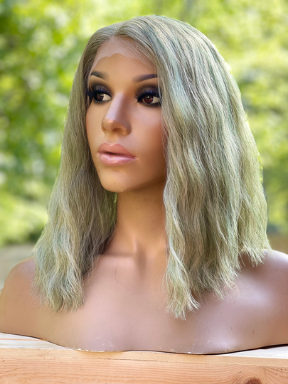 Human Hair Blend Wig Green Short Wavy 12" Lace Front Middle Part