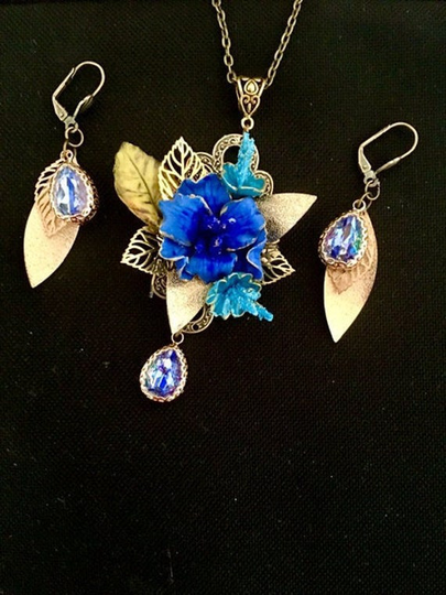 Blue & Old Gold Floral Ornament, Flower Pendant in Cold Porcelain Crystal