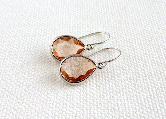 Peach Teardrop Earrings, Silver Rhodium, Champagne Minimalist Modern Bridal, Simple Elegant