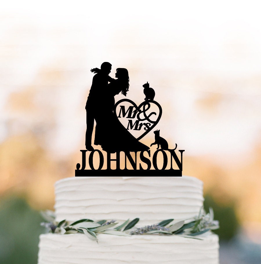 Bride & Groom Silhouette Personalized Wedding Cake Topper Mr Mrs, Cake With Heart 2 Cats, Two Cats