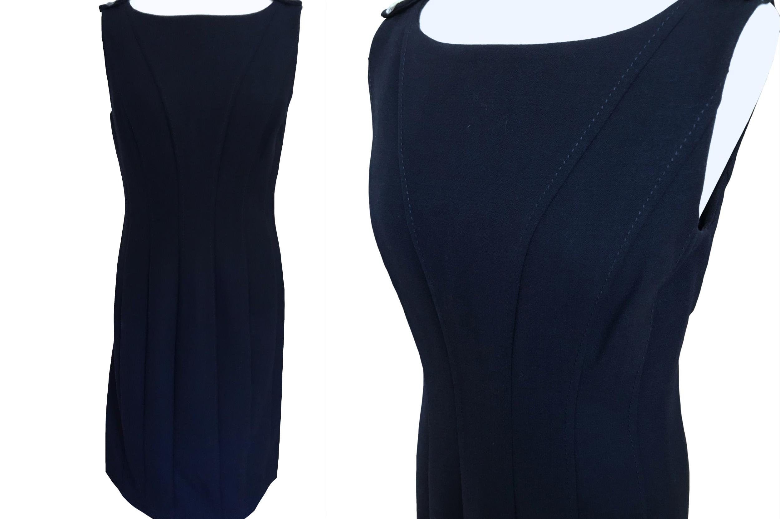 Tory Burch Navy Blue Wool Blend Shift Wiggle Dress, Sleeveless Career Business Sheath Fitted Cocktail Dress With Branded Shoulder Buttons S