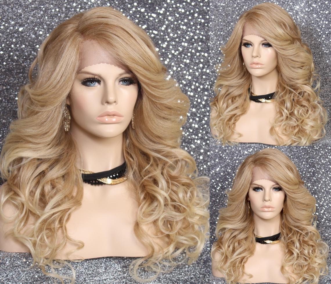 Blonde Mix Human Hair Blend Lace Front Wig Full Long Curly With Bangs Heat Safe Cancer Alopecia Theater