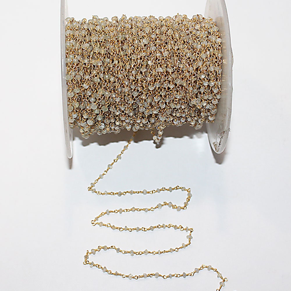 Prehnite Beads 3mm Rosary Chain, 24K Gold Plated Over Silver Wire Wrapped Natural Semi Precious Gemstone Jewelry Making Chain For Necklace