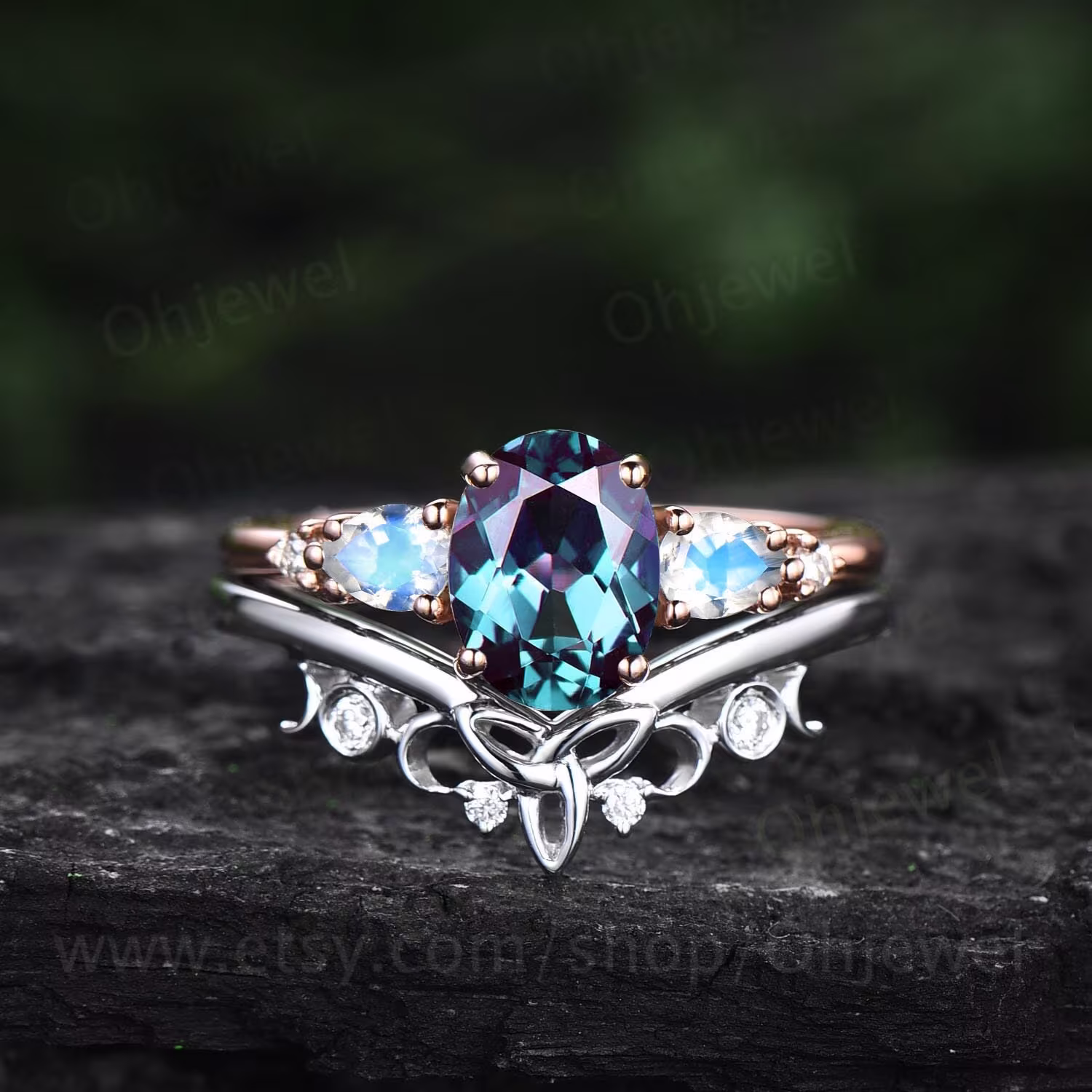 Unique Oval Cut Alexandrite Engagement Ring Set Five Stone Minimalist Pear Moonstone Gold Vintage Moissanite Wedding For Women