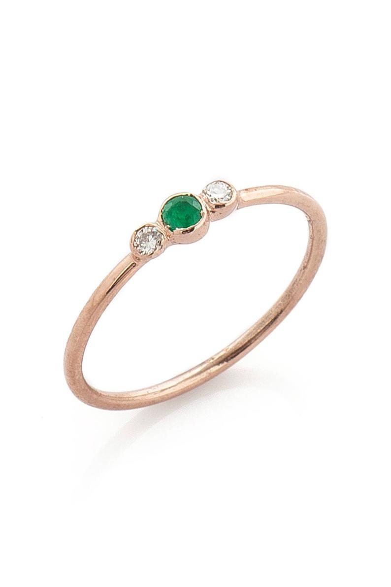 Genuine Emerald Ring | Diamond Dainty Green Stone Real May Birthstone Trio