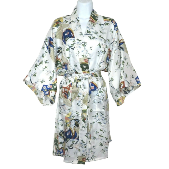 Vintage White Kimono Dressing Robe One Size Keisha Fans Cherry Blossoms Lounge New Old Stock