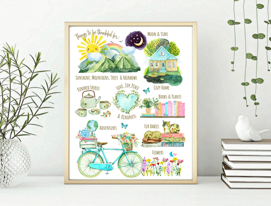 Things To Be Thankful For, Gift For Readers, Book Lover Bookworm, Literary Wall Art Decor, Watercolor Flowers