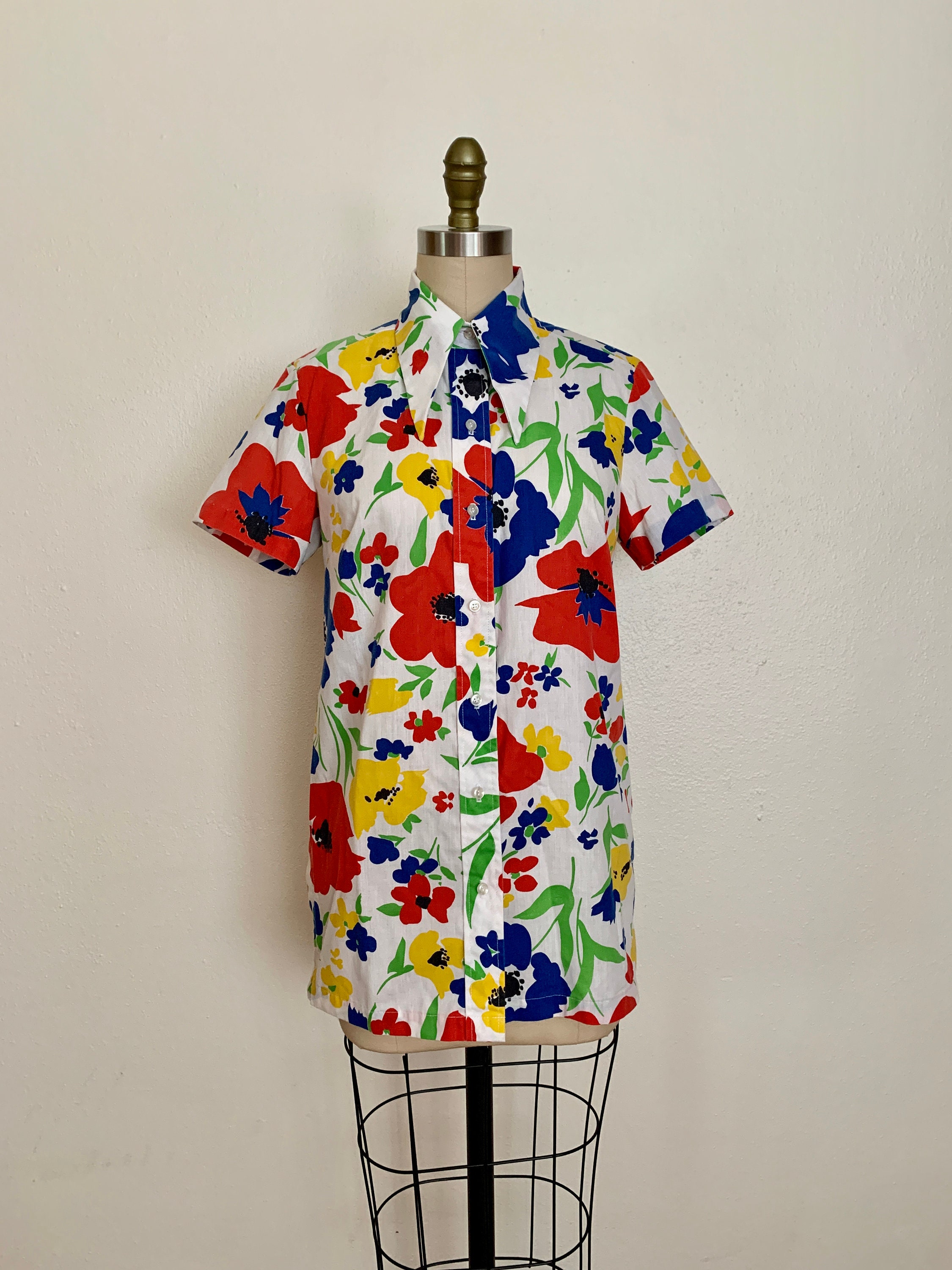 Vintage 60S Cotton Blend Floral Shirt Sz M/L Classic Sears 1960S Button Up Pointed Collar Top
