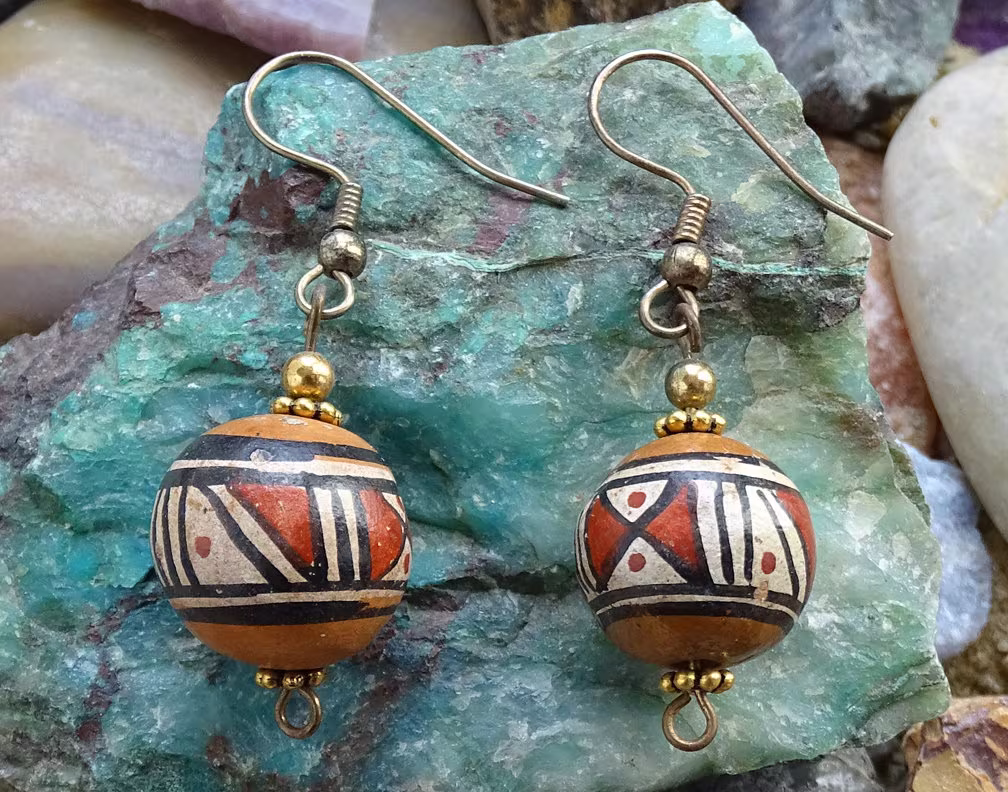 Vintage Native, Acoma Pueblo, Handmade Clay Pottery, Decorated, Pierced Earrings, Acoma Pottery Earrings, Clay Pueblo