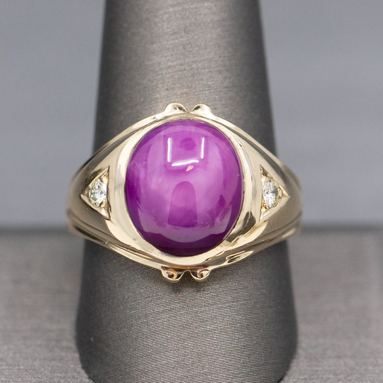 Rich Royal Star Ruby & Diamond Statement Ring in 14K Yellow Gold, Synthetic Men's Ring