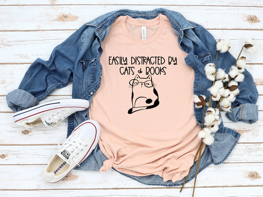 Easily Distracted By Cats & Books Shirt Cat Lover Book Gift For Teacher Ladycat Kitty Kitten T