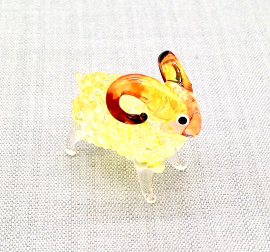 Miniature Hand Blown Glass Funny Ram Aries Sheep Animal Cute Yellow Brown Figurine Tiny Statue Decoration Collectible Small Craft Painted
