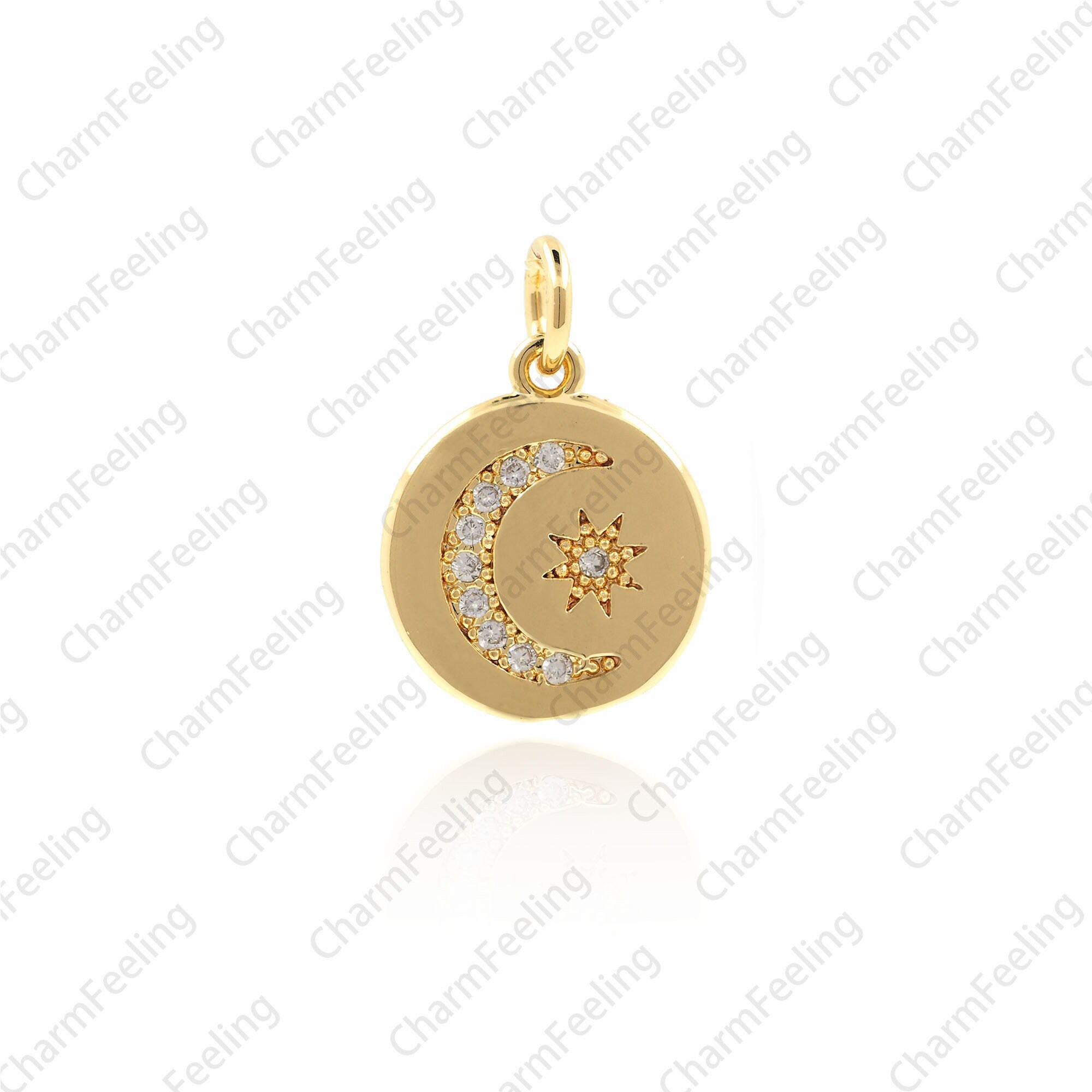 Gold Moon & Star Medal Pendant-18K Crescent Shape Round Disc Charm Necklace Pendant 17x12x1.7mm 1Pcs
