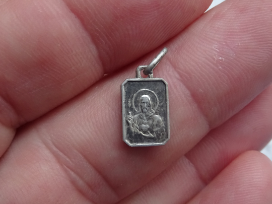 Religious Antique Silver | Marked Catholic Medal Pendant Medallion Holy Charm Of Christ & Mary Our Lady. 12 B