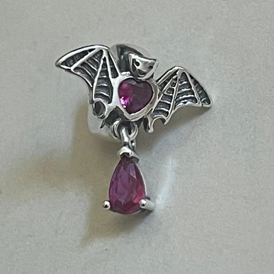 Cute Flying Purple Stone Bat Charm, Genuine S925 100% Real Sterling Silver, Fits Pandora & European Charm Bracelets
