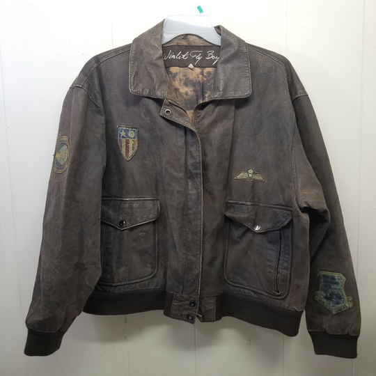 Winlet Fly Boys L Brown Bomber Jacket Coat Pockets Leather Patches Distressed